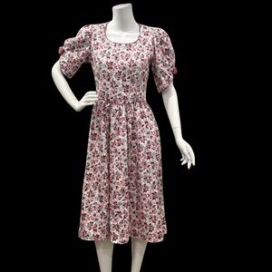 Lanz Petite Vintage Pink Rose Floral Puffy Short  Sleeve Fitted Retro Midi Dress